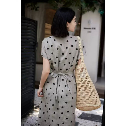 summer new art retro lightness medium and long V-neck lace-up waist polka dot cotton and linen dress, women