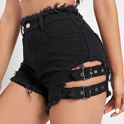 2025n summer trendy brand Spice Girl sexy retro rough edge hollow on both sides adjustable denim super shorts versatile hot pants