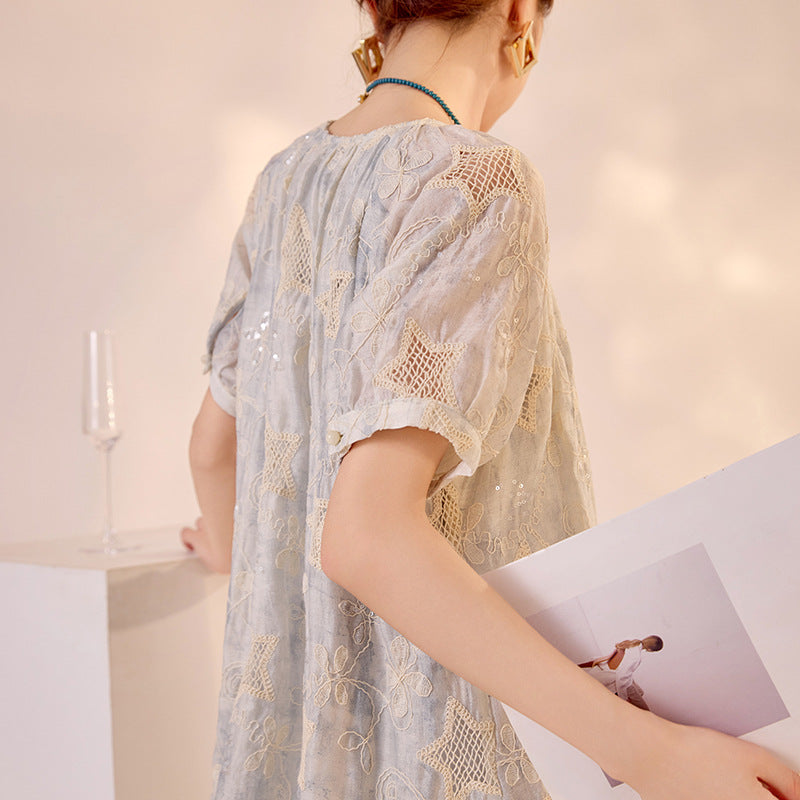National style high-end  summer vacation gentle wind long dress women's loose star embroidery splicing dress N3099