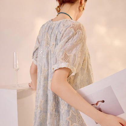 National style high-end  summer vacation gentle wind long dress women's loose star embroidery splicing dress N3099