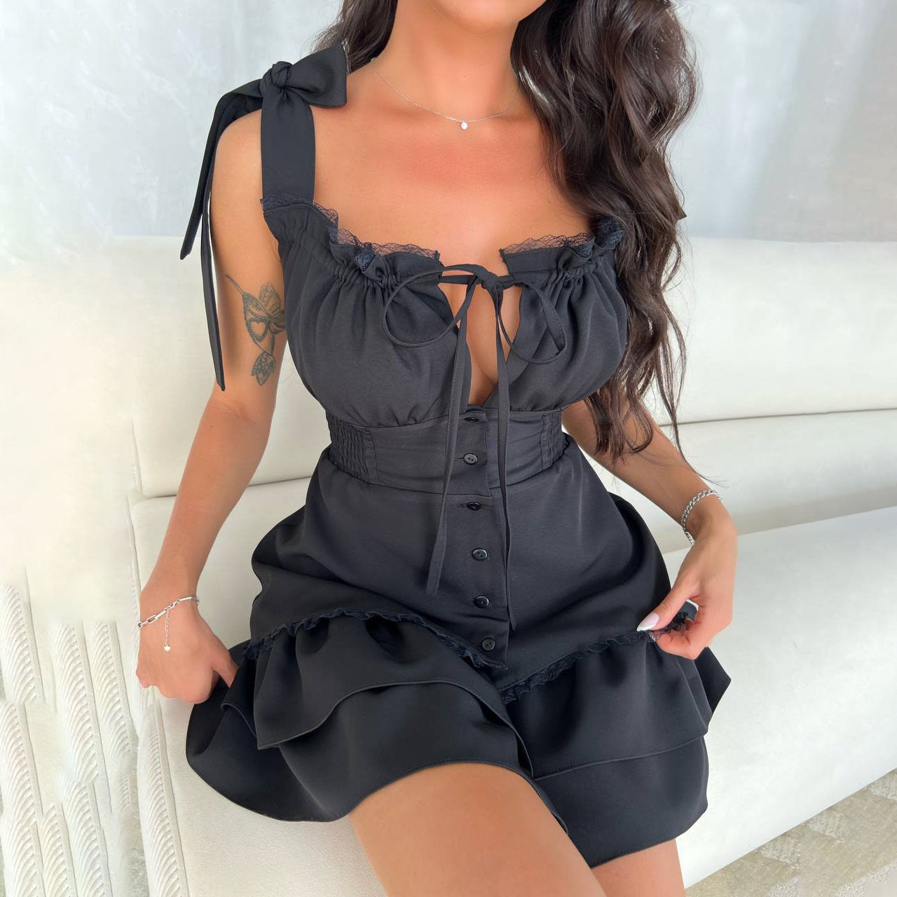 bow lace-up suspender dress short skirt cake skirt pure desire sweet temperament waist and thin drawstring