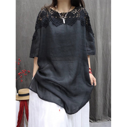 spring and summer new retro ramie hollow splicing loose casual solid color shirt fashionable versatile medium sleeve top