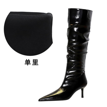 FLOWERSVERSE 2025 328-18 retro  style winter new middle heel thin heel pointed patent leather wrinkled tube women's boots high boots