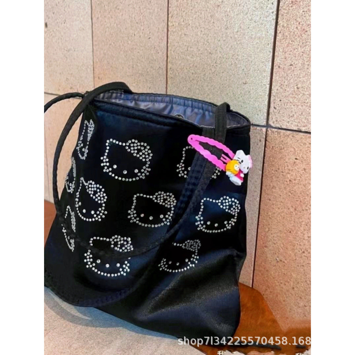 FLOWERSVERSE  Xiaohongshu New Kitty Hot Rhinestone Full Printed Satin Silk Bag Cute High Sense Mini Tote Handbag Female