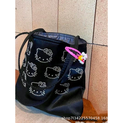 FLOWERSVERSE  Xiaohongshu New Kitty Hot Rhinestone Full Printed Satin Silk Bag Cute High Sense Mini Tote Handbag Female