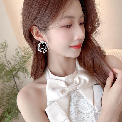 2025 S925 silver needle temperament micro-inlaid zircon light luxury high-end earrings design double-layer ring water drop fringed earrings