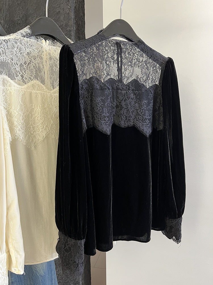 2025 early spring heavy industry lace splicing,  light luxury silk velvet lantern sleeve with a single shirt inside