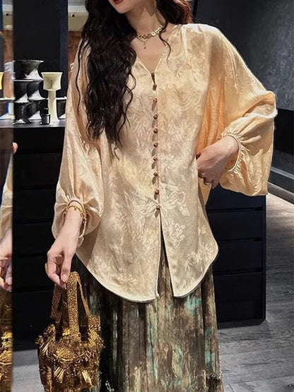 Siyuan Guofeng New Chinese Silk Linen Jacquard Tie-Dyeing Shirt High-end Light Luxury Lantern Sleeve Top Women's 9062