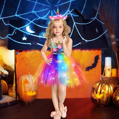 flowersverse Unicorn Tutu Skirt Cross-Border Girls Dress Led Princess Dress Costume Birthday Party Tulle Tutu Skirt