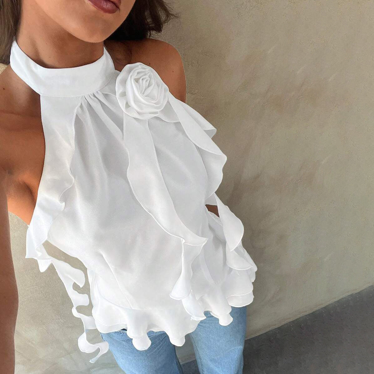 Pure desire 2025n Spice Girl streamer three-dimensional rose sleeveless neck vest women's summer chiffon ruffle edge design sense