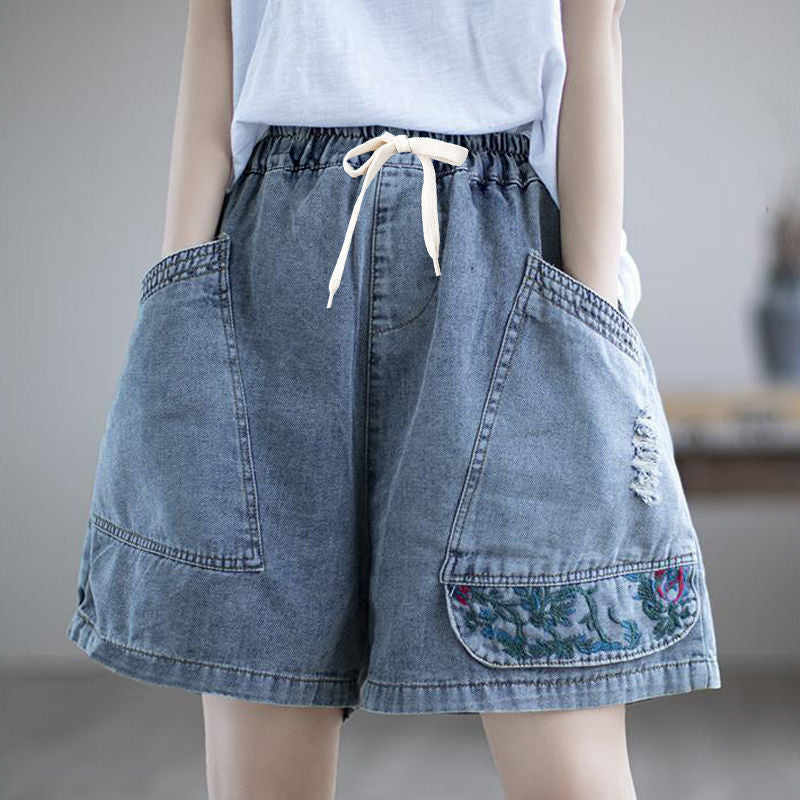 flowersverse Denim Shorts Women's Summer  New Pants Women's Casual Loose Hole Embroidery Stitching Thin Wide-Leg Pants