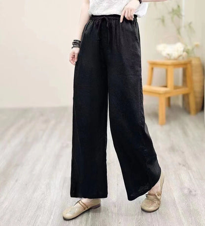 flowersverse Jianmeng Youyou Linen Wide-Leg Pants  Spring New Style Inner Edge Casual Pants for Women Elastic Waist Pants 8826