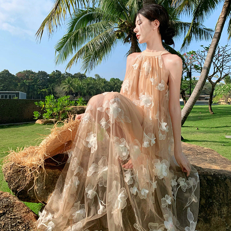 2025 sleeveless neck off-the-shoulder dress for children's summer temperament super fairy morning robe vacation high-end beach dress