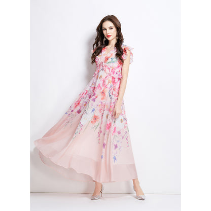 Holiday style dress women's  summer dress  celebrities elegant V-neck small flying sleeves waist temperament printed long dress