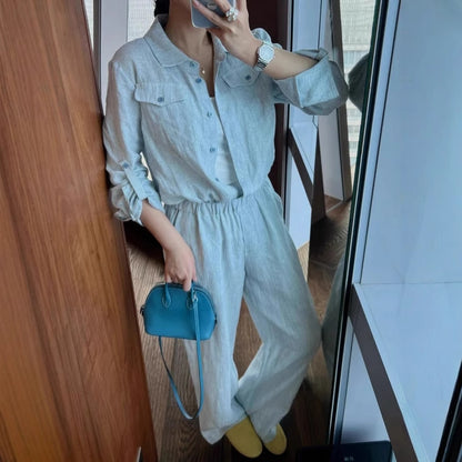 2025 Korean high-end relaxation wear, blue shirt, trousers, linen suit, women's clothing  spring match, a complete set