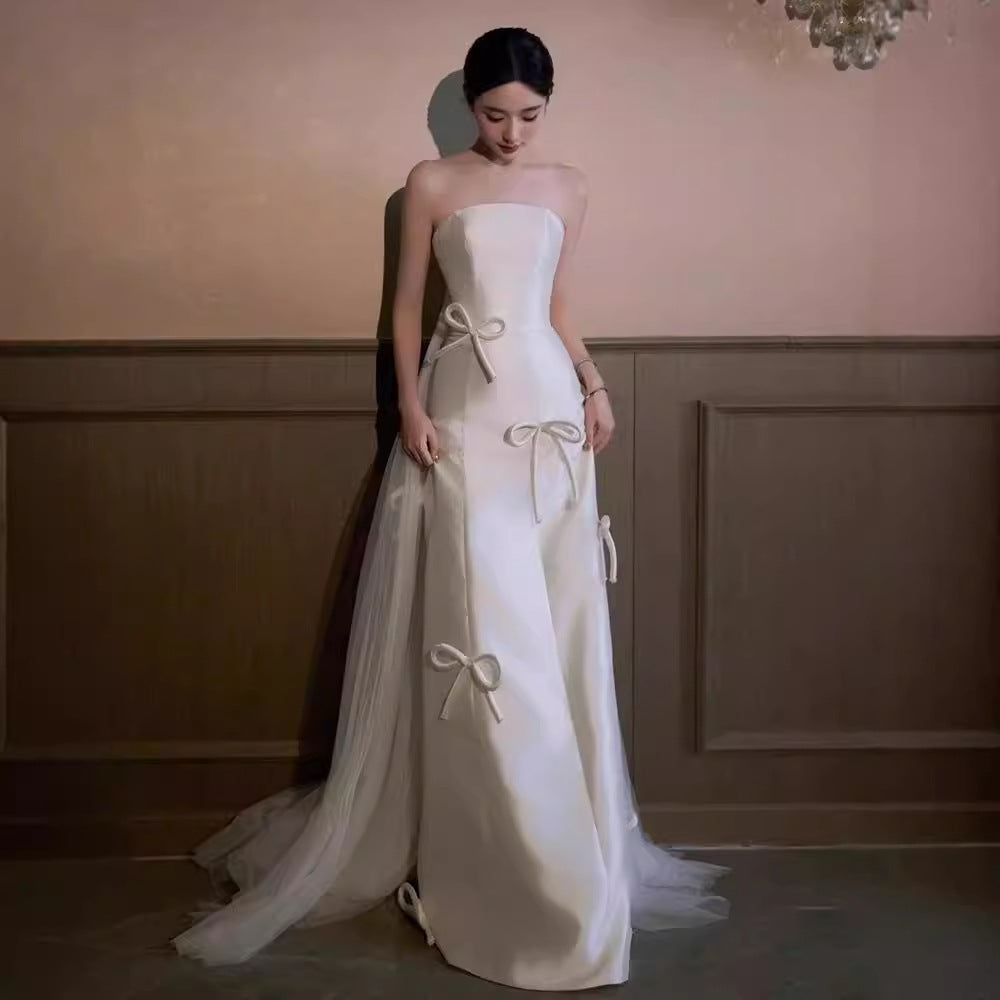 2025 Korean super fairy light wedding dress  new high-end satin bridal welcome dress temperament light luxury fishtail tube top dress