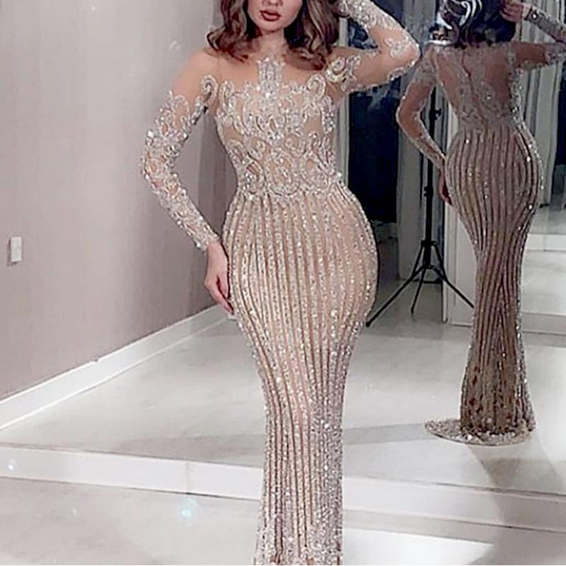 FLOWERSVERSE 2025 New long dress, mid-waist temperament, commuting gold sequins, solid color chest wrap, elastic gold slim dress