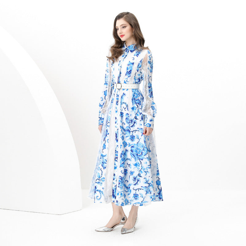 early spring - holiday tailor-made splicing waist wide pendulum printed lace long dress