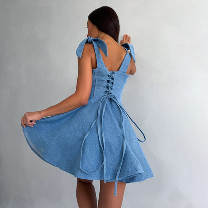 style high-end autumn and winter dress blue fishbone waist sexy hot girl denim vest skirt autumn and winter New