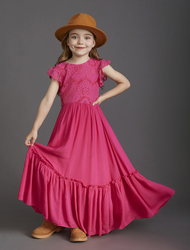 flowersverse New Children's Clothing Girls' Dress Children's Wedding Lace Long Dress Middle and Big Children Host Costume for Piano Performance