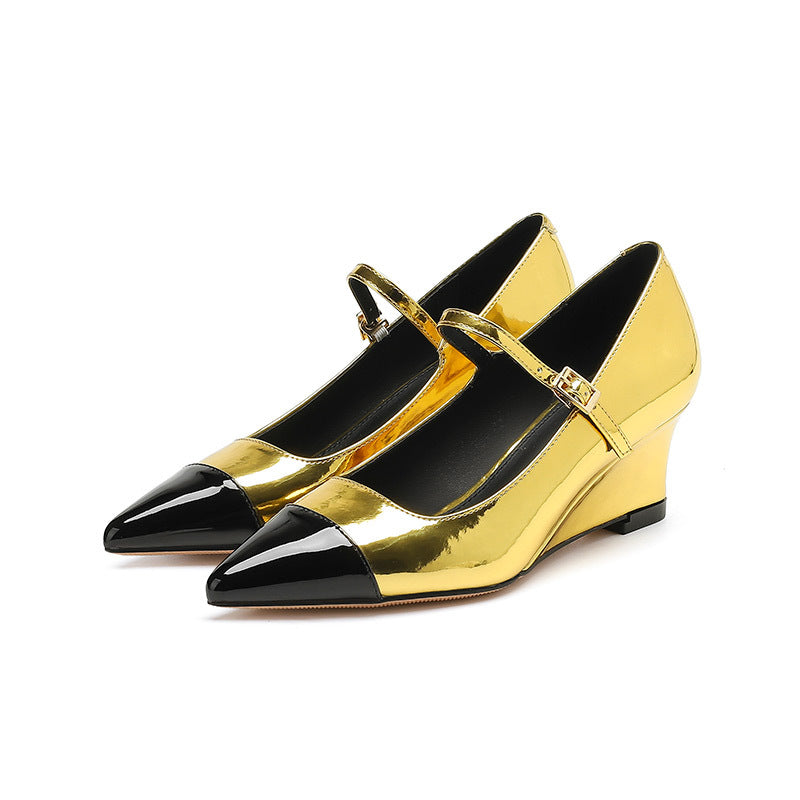 2025 5162-3 one-word pointed high heels women's color matching wedge heel single shoes women's shallow mouth professional commuter high heel single shoes women