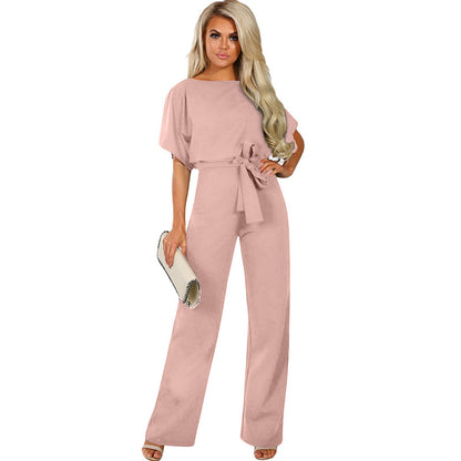 flowersverse HOTan and NEWn Women's Clothing High Waist Wide Leg Pants for Women Summer New Solid Color Pullover round Neck Short Sleeve Lace-up Jumpsuit for Women