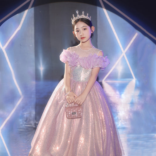 flowersverse Host Girl's Dress Light Luxury Minority High-End Children's Birthday Princess Dress Piano Performance Grading Competition Dress