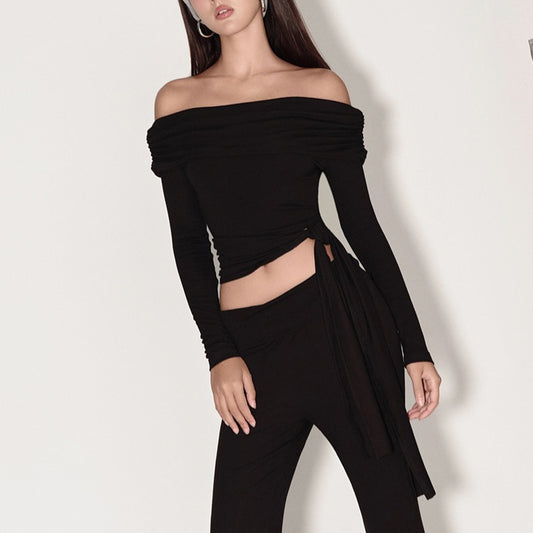 FLOWERSVERSE 2025 Spring New 2025 Women's Clothing Sexy Spice Girls One-word Shoulder Straps Short Navel Long Sleeve T-Shirt Top Women