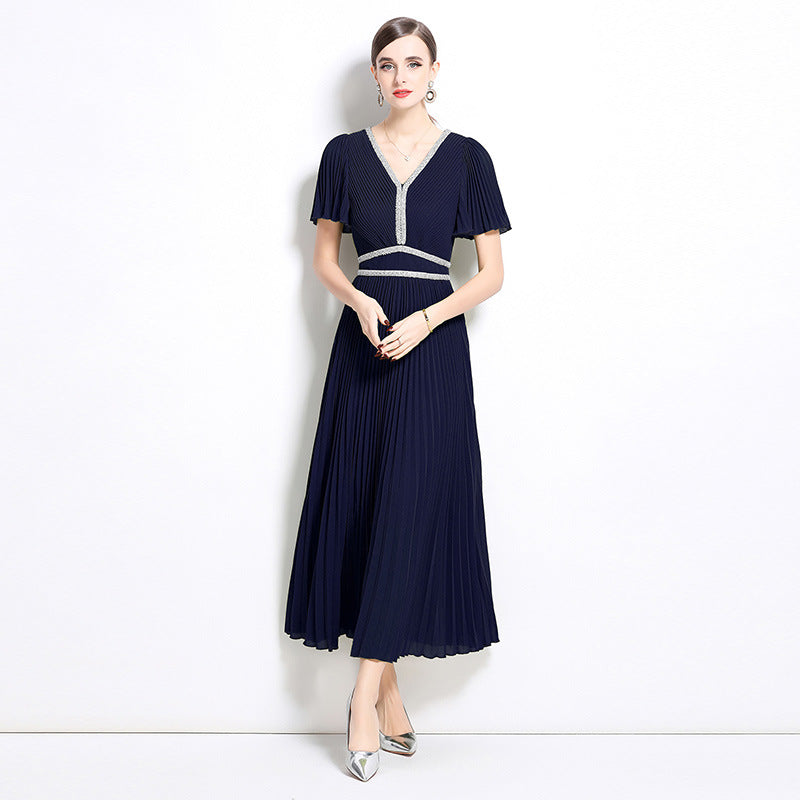 Spring and summer new high-end women's clothing heavy industry nail diamond inlaid georgette pleated v-neck short-sleeved commuter celebrity dress