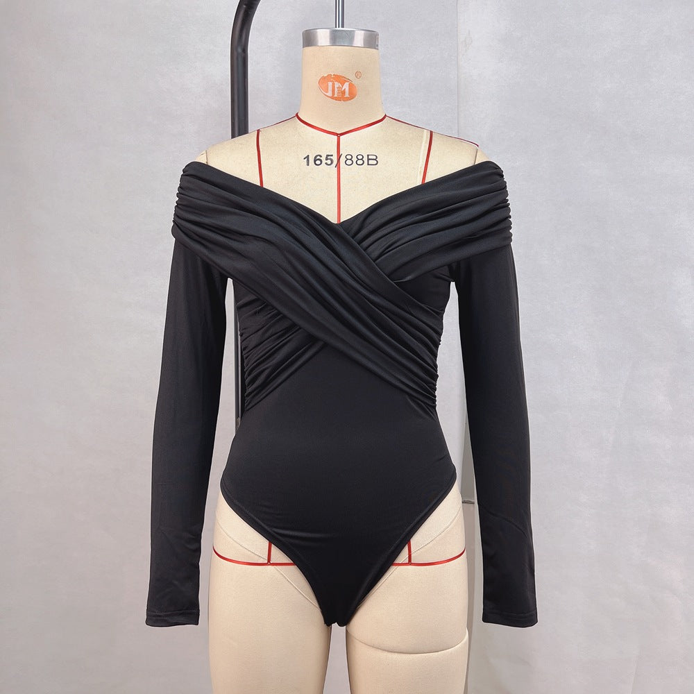 New women's clothing, sexy Spice Girls slim-fit top, solid color fashion V-neck off-the-shoulder splicing long-sleeved jumpsuit