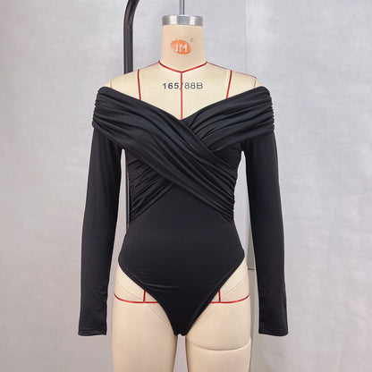 New women's clothing, sexy Spice Girls slim-fit top, solid color fashion V-neck off-the-shoulder splicing long-sleeved jumpsuit