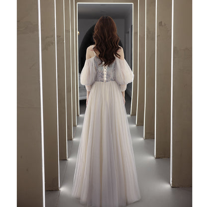 Banquet evening dress women's 2025 new temperament host dress fairy long sleeve vocal art test long dress