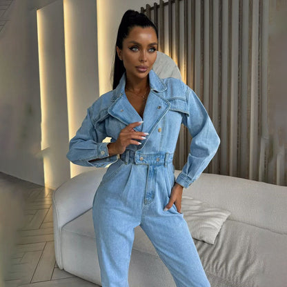Autumn jumpsuits women's high-end drape solid color jumpsuit jeans, suit collar waist fashion Spice girl feeling