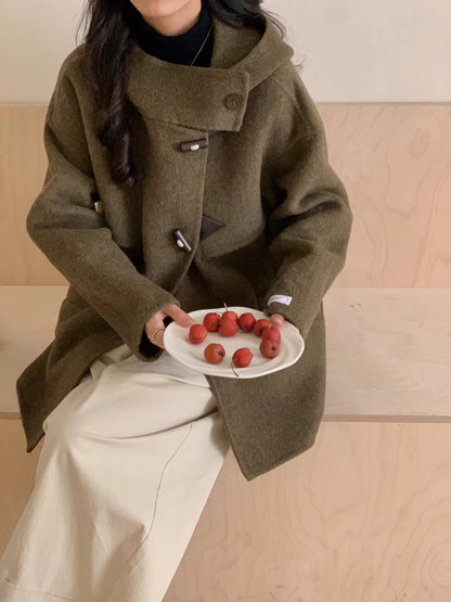 2025 Horn buckle solid color hooded single-breasted multi-buckle medium and long double-sided wool coat woolen jacket women's warm autumn and winter