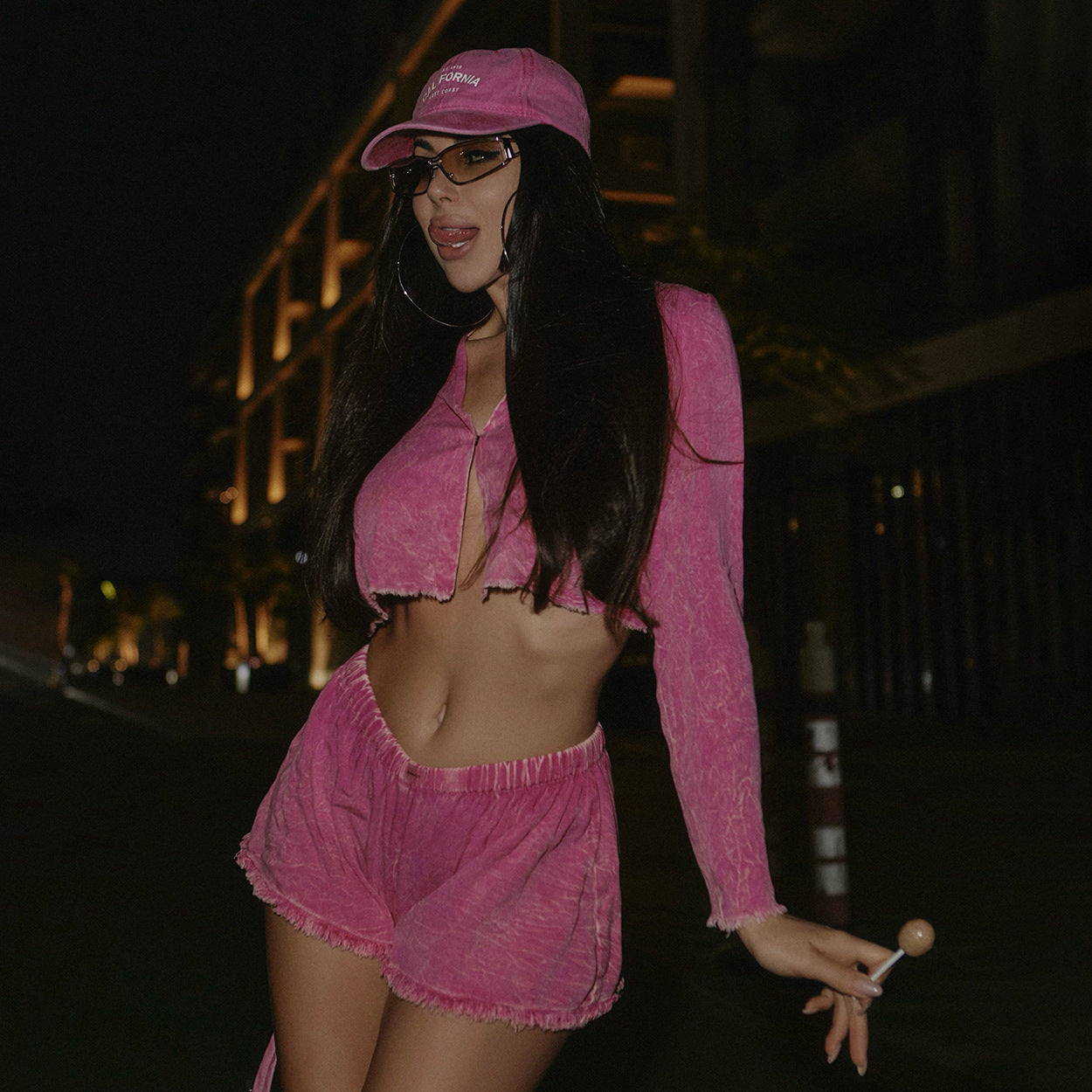 street wind washing old long-sleeved short cardigan button top loose shorts suit pants Spice Girl tide brand