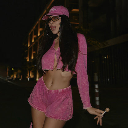 street wind washing old long-sleeved short cardigan button top loose shorts suit pants Spice Girl tide brand