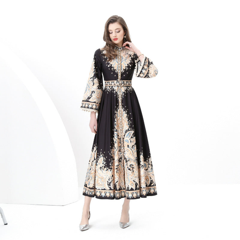 Popular trade export women's clothing court style retro stand-up collar single-breasted printing wide pendulum long dress