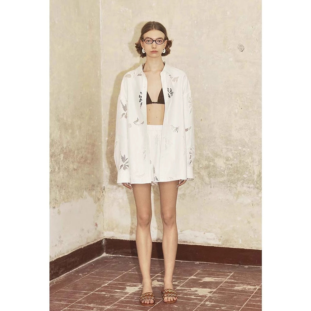 Siyuan I * C niche linen hand-embroidered hollow design long-sleeved shirt women's summer new loose top 7779