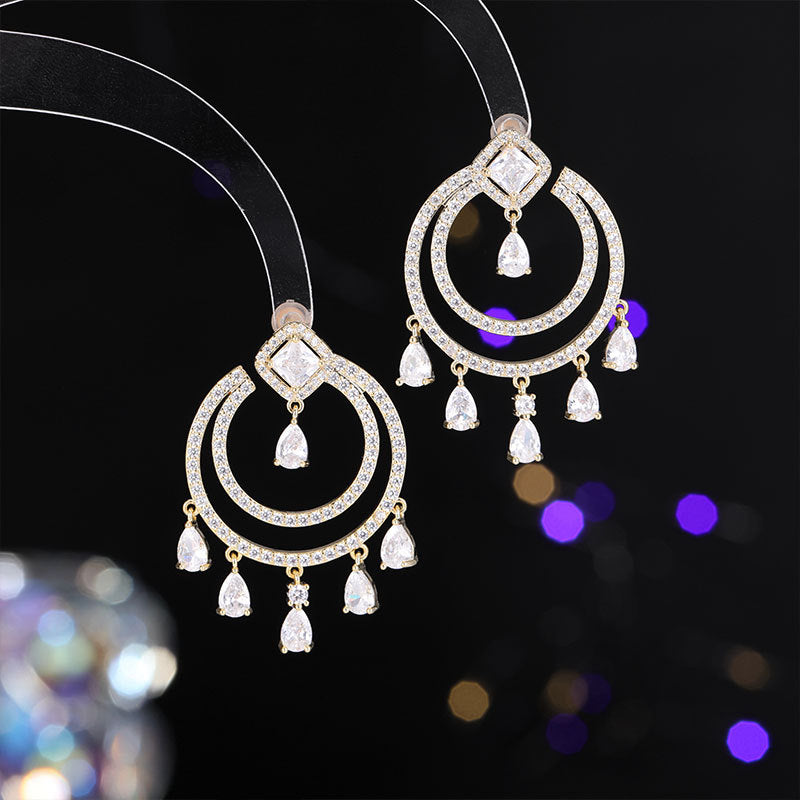 2025 S925 silver needle temperament micro-inlaid zircon light luxury high-end earrings design double-layer ring water drop fringed earrings