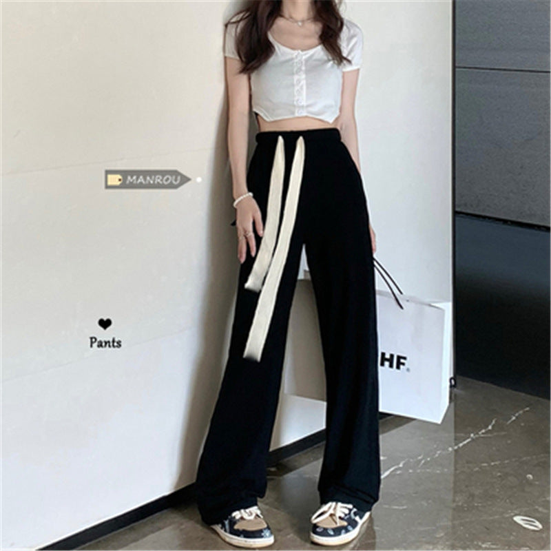 flowersverse Spring and Autumn Korean Style Personalized Drawstring Sports Casual Pants Loose Drooping Walking Wide-Leg Pants Mop Trousers Women