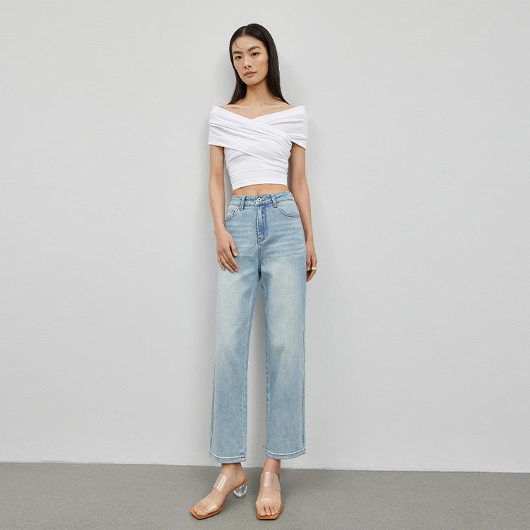 2025 Spring and Autumn  high waist high and thin nine-point women's denim straight pants elastic jeans