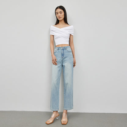 2025 Spring and Autumn  high waist high and thin nine-point women's denim straight pants elastic jeans