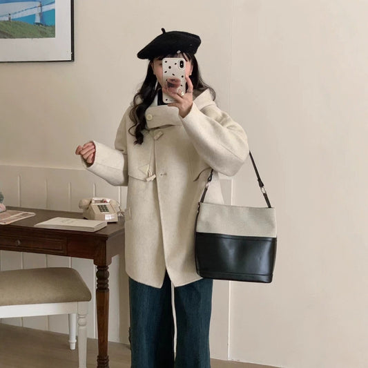 2025 Horn buckle solid color hooded single-breasted multi-buckle medium and long double-sided wool coat woolen jacket women's warm autumn and winter