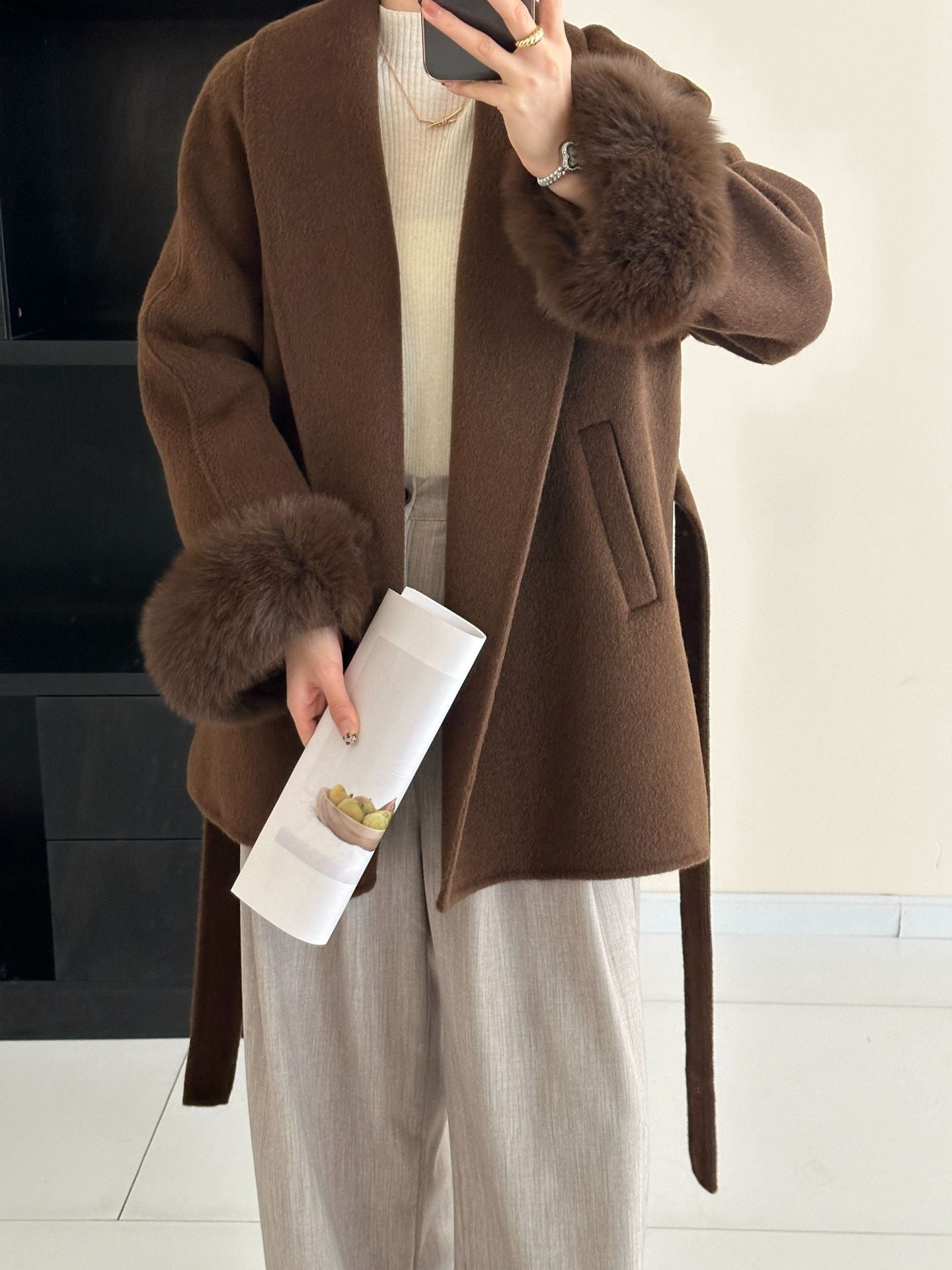 2025 Fox fur shoulder sleeves lapel cuffs removable double-sided wool coat medium and long lace-up woolen jacket autumn and winter