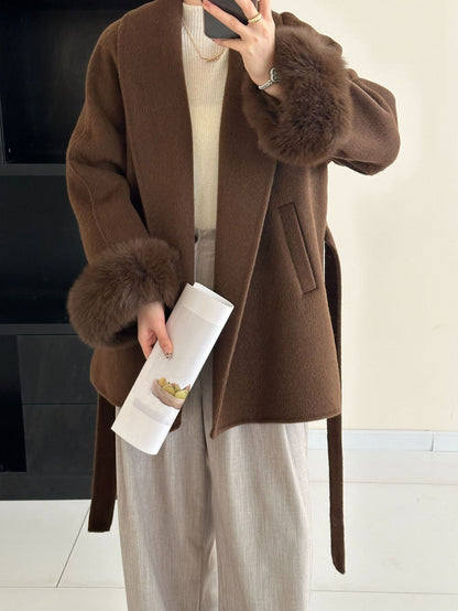 2025 Fox fur shoulder sleeves lapel cuffs removable double-sided wool coat medium and long lace-up woolen jacket autumn and winter