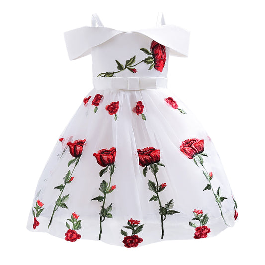 flowersverse Cross-Border Girl Dress  European and American Style Children's Clothing Little Girl off Shoulder Princess Dress Children Rose Embroidery Tulle Skirt