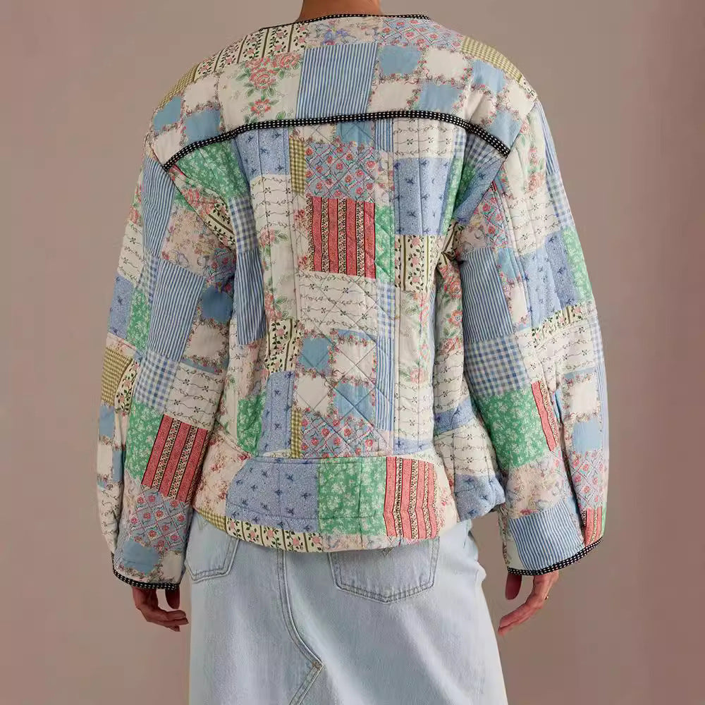 2025 autumn and winter European and American cross-border fashion patch single-breasted women's jacket round neck printed cotton clothing WQK0386