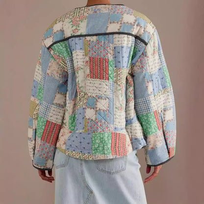 2025 autumn and winter European and American cross-border fashion patch single-breasted women's jacket round neck printed cotton clothing WQK0386