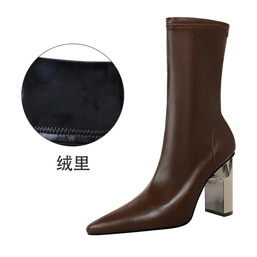 FLOWERSVERSE 2025 3228-12  style fashion thin boots metal thick heel high heel pointed sexy nightclub thin winter short boots