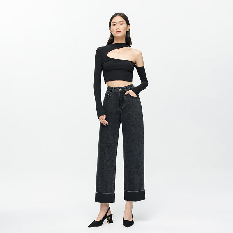 2025 autumn new curled jeans women's 2025n high street design sense niche high waist thin wide leg nine-point pants